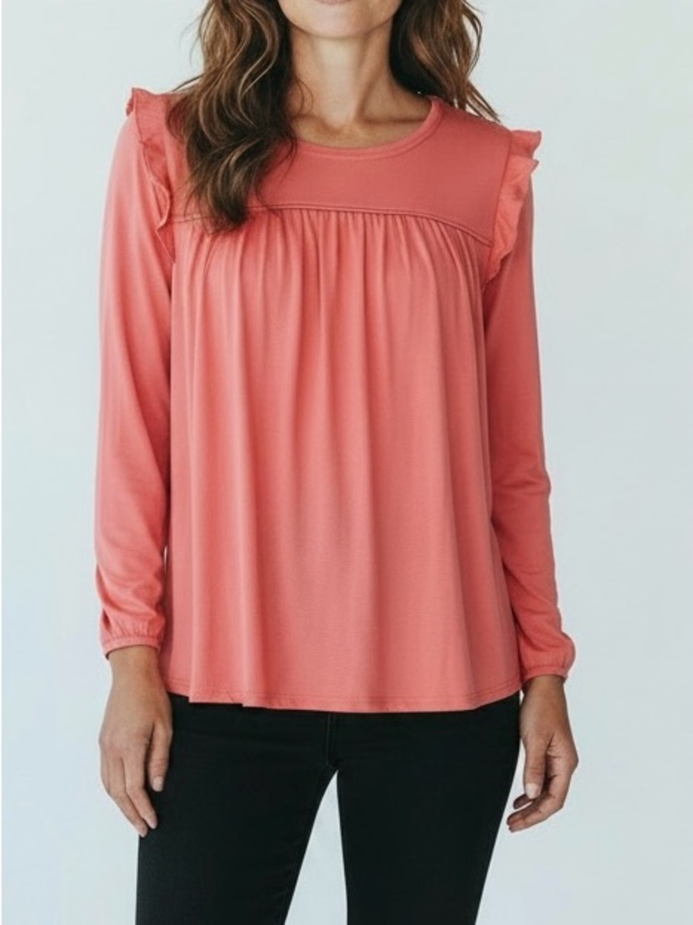LOFT Coral Ruffled Yoke Long-Sleeve Top